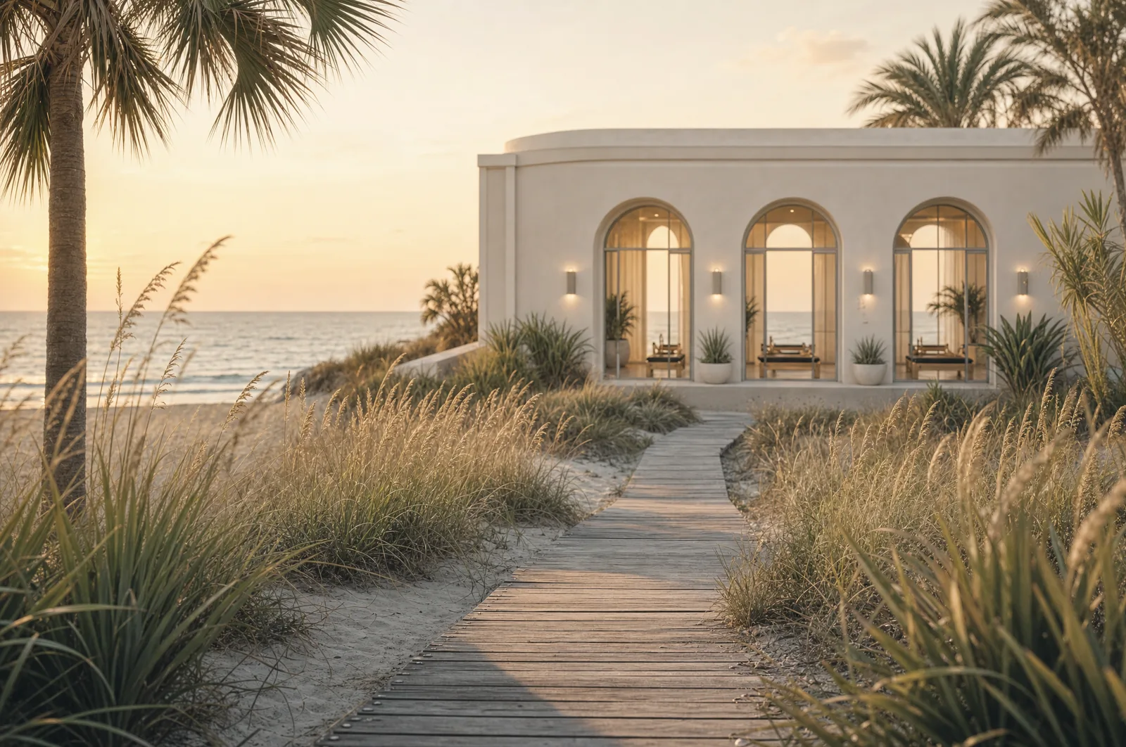 A coastal boardwalk in early morning light leading toward the studio entrance, with sea grass and pale sand on either side.