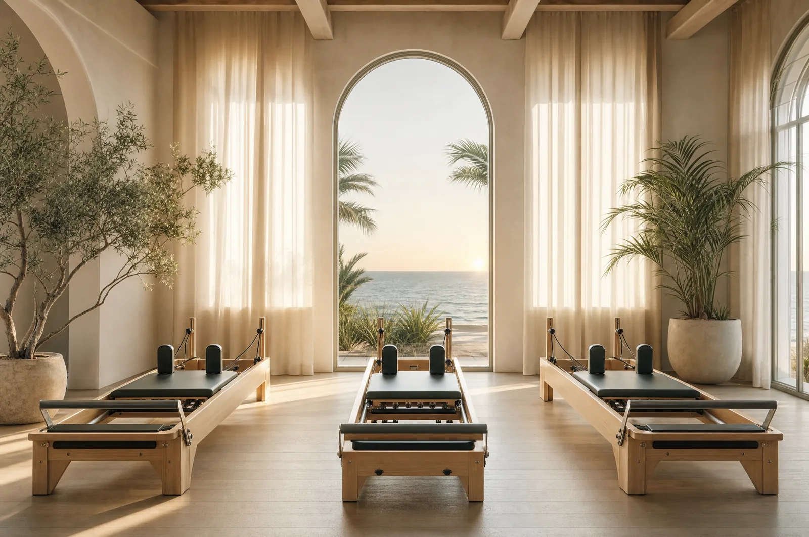 The main studio room: a row of reformer machines on a light wood floor, tall windows filled with soft morning light.