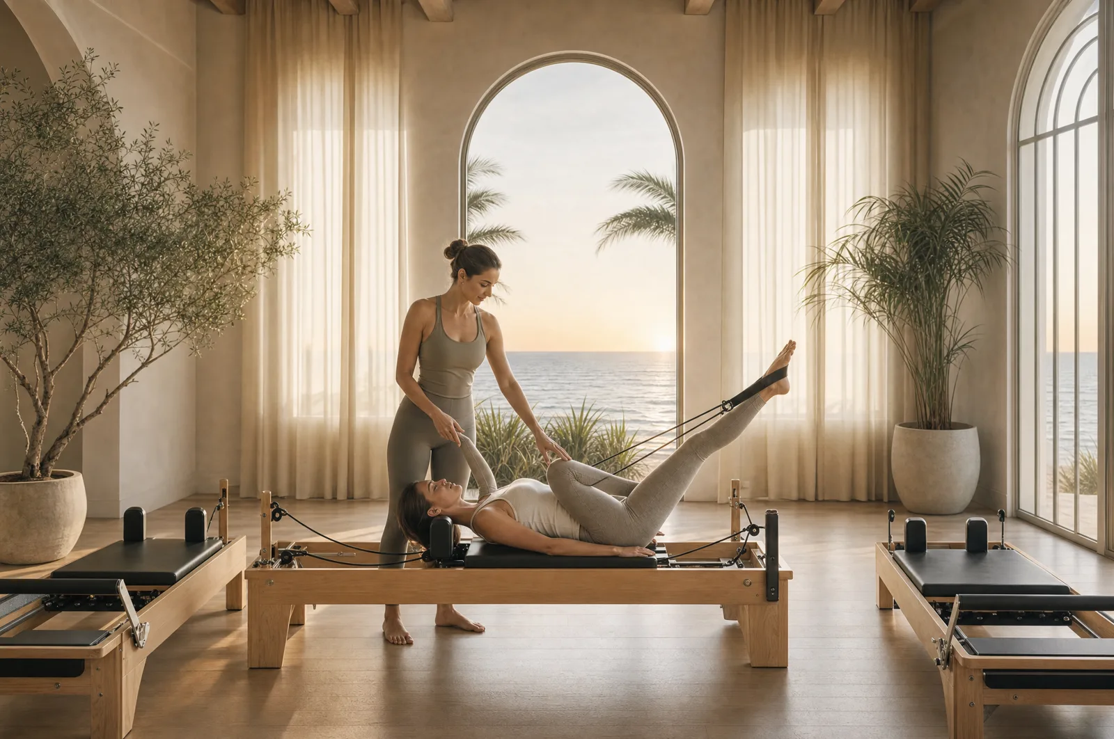 A quieter corner of the studio set up for a one-on-one session, with a single reformer and space around it.