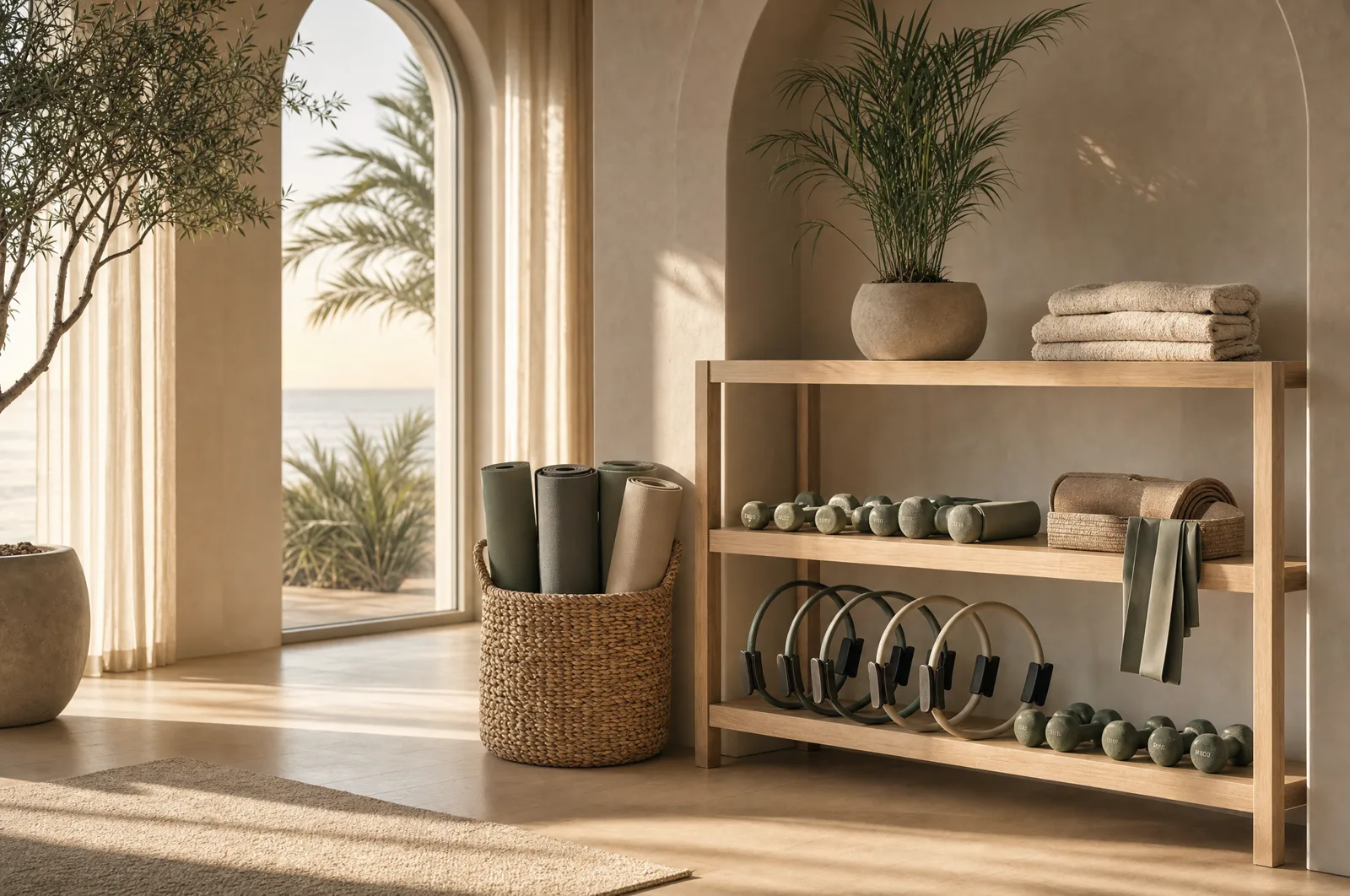 A props and mat area with rings, small weights and rollers arranged on shelving beside open floor space.