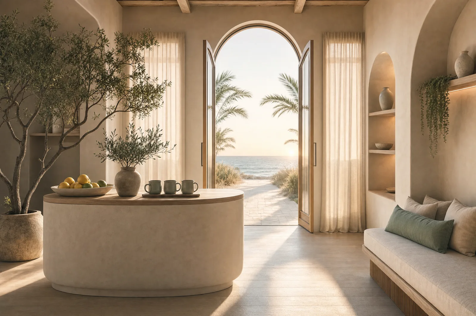 The reception area near the front doors, looking back out toward the coastal light outside.